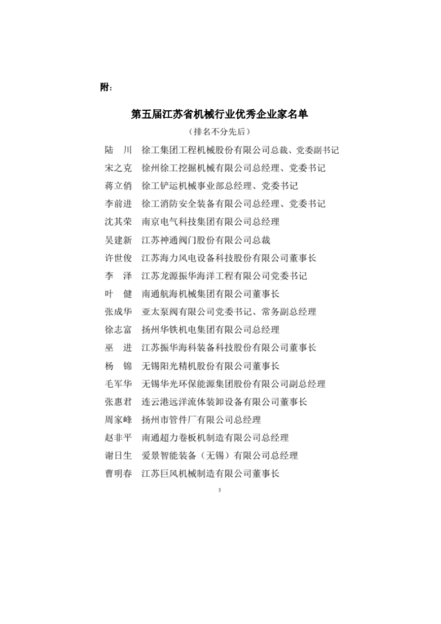 关于表彰第五届江苏省机械行业优秀企业家的决定 第3张